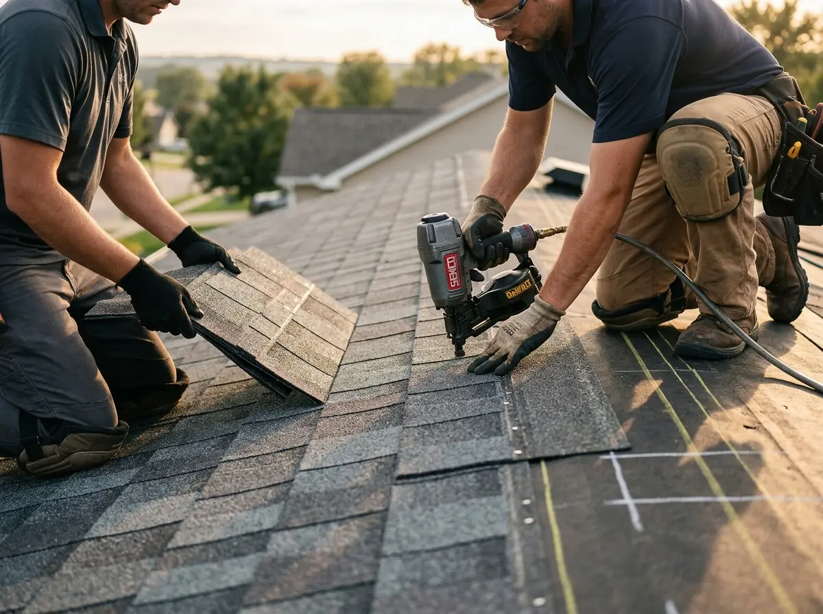 Professional roofer working on a residential roof in Upper Macungie